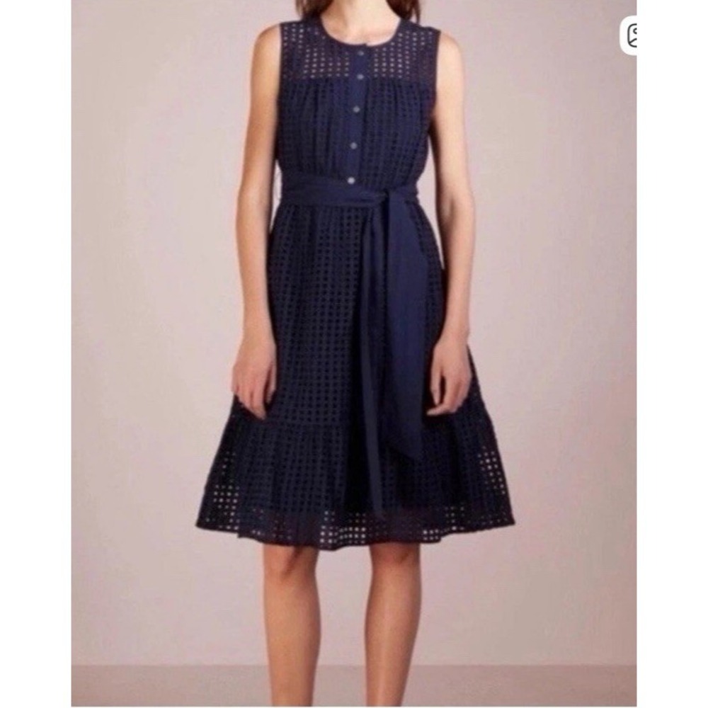 J. Crew Navy Blue Sleeveless Eyelet Dress Sz 12 A-Line‎ Flounce Hem Tie Waist